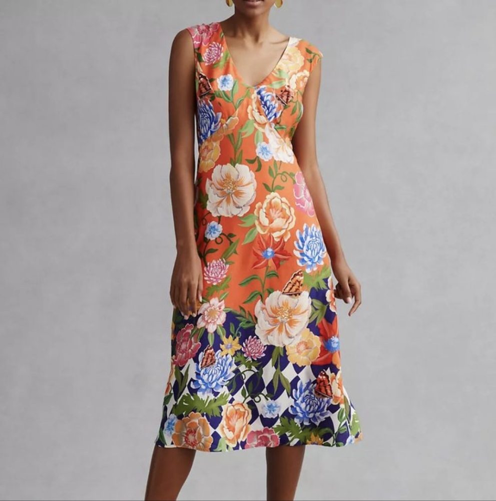 Anthropologie Orange Floral Midi Dress